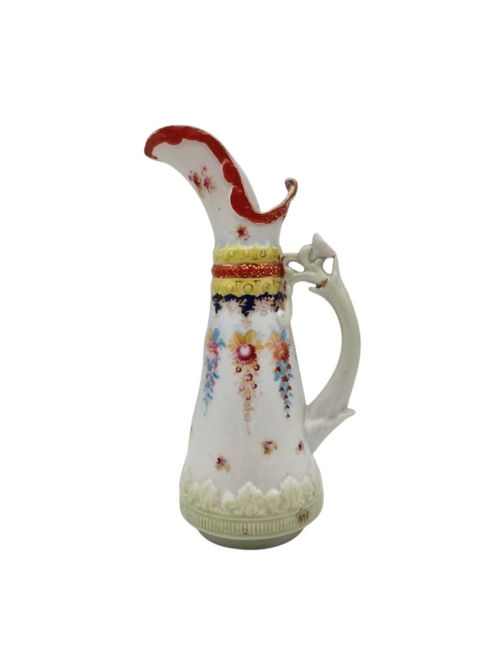 Antique Japanese Hand Painted Porcelain Ewer Pitcher Floral Dragon Handle 8.25"